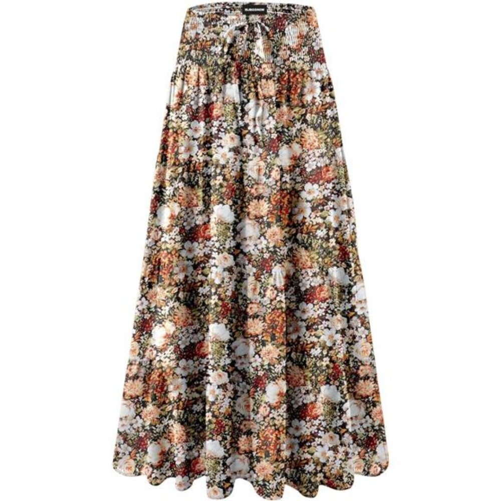 Womens Maxi Skirt High Waist Ruffle Pleated Long Boho Summer Casual Skirt